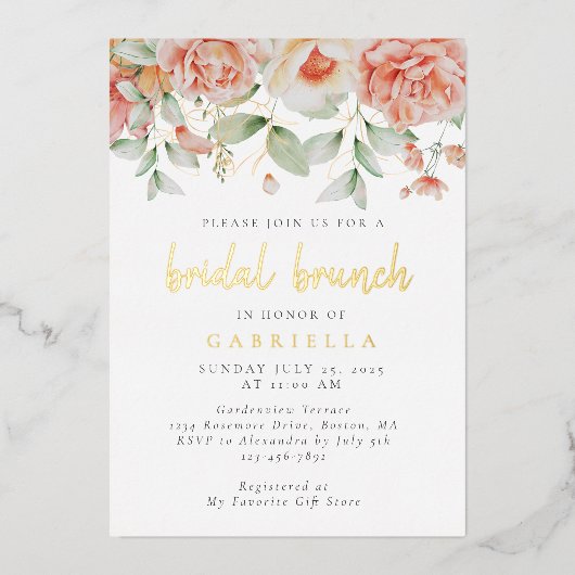 Rustic Peach Floral Bridal Brunch Gold Folie Uitnodiging (Voorkant)