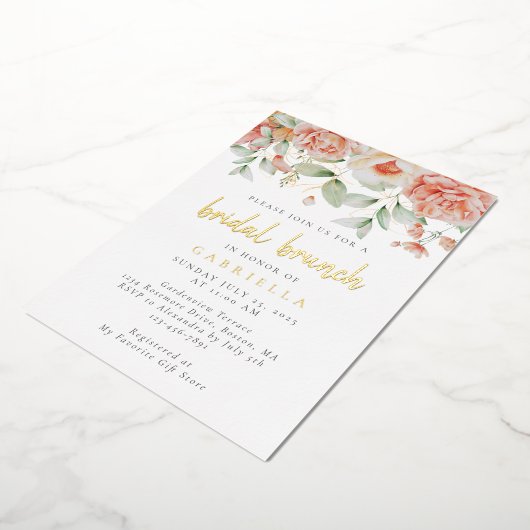 Rustic Peach Floral Bridal Brunch Gold Folie Uitnodiging (Gedraaid)