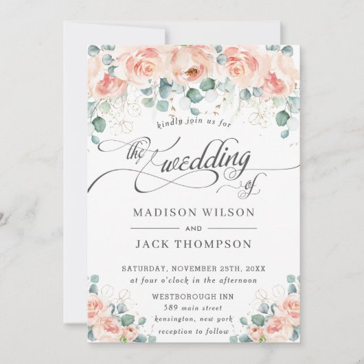 Rustic Peach Floral Calligraphy Greenery Wedding Kaart (Voorkant)
