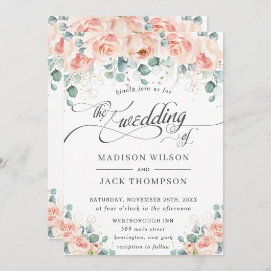 Rustic Peach Floral Calligraphy Greenery Wedding Kaart (Voorkant / Achterkant)