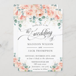 Rustic Peach Floral Calligraphy Greenery Wedding Kaart