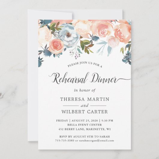 Rustic Peach Floral Fall Wedding Rehearsal Dinner Kaart (Voorkant)