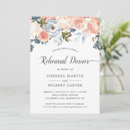 Rustic Peach Floral Fall Wedding Rehearsal Dinner Kaart (Staand voorkant)
