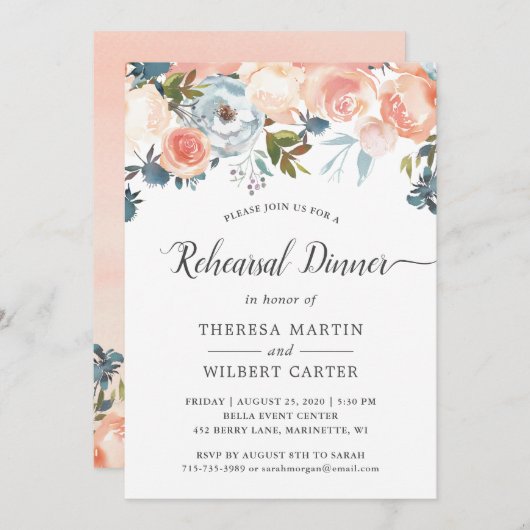 Rustic Peach Floral Fall Wedding Rehearsal Dinner Kaart (Voorkant / Achterkant)