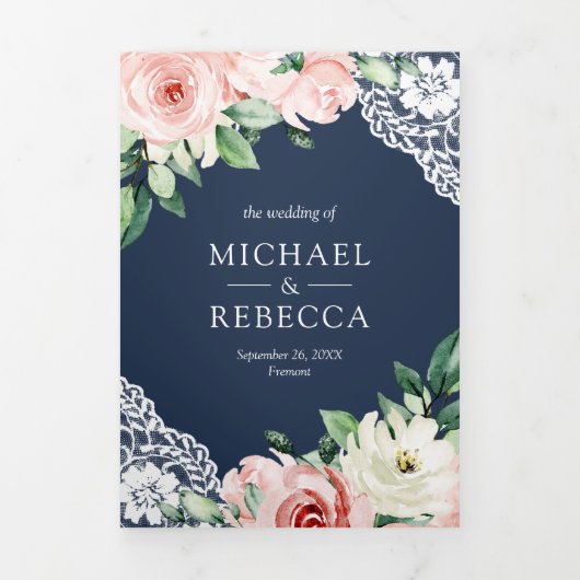 Rustic Peach Floral Lace Navy Blue QR Code Weddens Drieluik Uitnodiging (Cover)