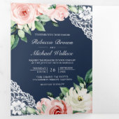 Rustic Peach Floral Lace Navy Blue QR Code Weddens Drieluik Uitnodiging (Binnenzijde eerst)