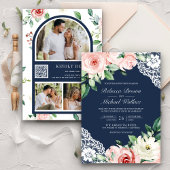 Rustic Peach Floral Lace Navy Blue QR Code Weddens Kaart