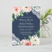 Rustic Peach Floral Lace Navy Blue QR Code Weddens Kaart (Staand voorkant)