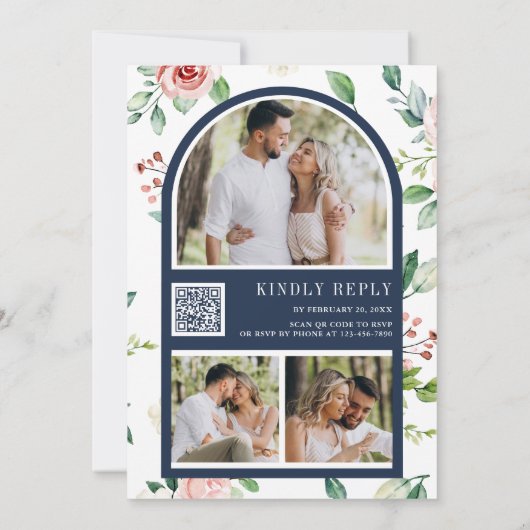 Rustic Peach Floral Lace Navy Blue QR Code Weddens Kaart (Achterkant)