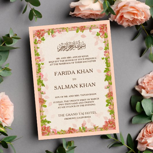 Rustic Peach Floral Lijst Islamic Muslim Wedding Kaart