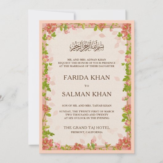 Rustic Peach Floral Lijst Islamic Muslim Wedding Kaart (Voorkant)