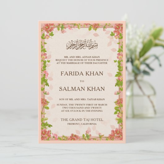 Rustic Peach Floral Lijst Islamic Muslim Wedding Kaart (Staand voorkant)