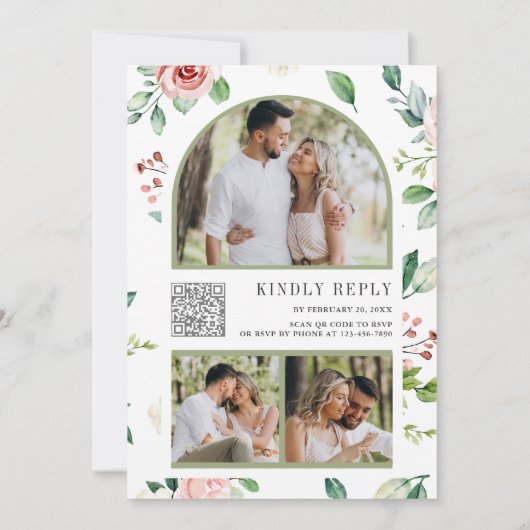 Rustic Peach Floral Photo Collage QR Code Weddensc Kaart (Achterkant)