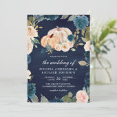 Rustic Peach Floral Pumpkin Navy Blue Wedding Kaart (Staand voorkant)