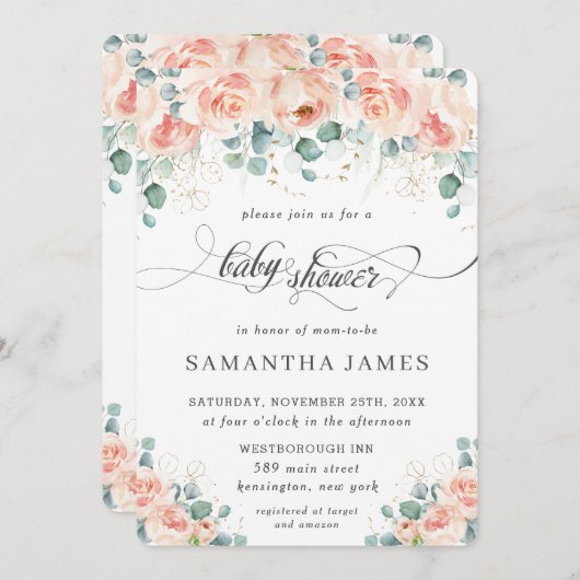 Rustic Peach Floral Rozen Greenery Baby shower Kaart (Voorkant / Achterkant)