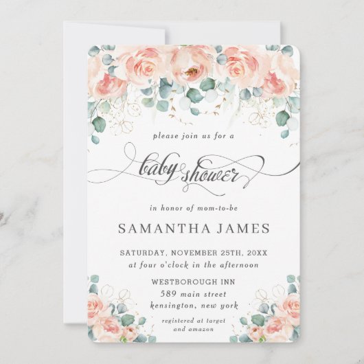 Rustic Peach Floral Rozen Greenery Baby shower Kaart (Voorkant)