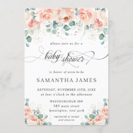 Rustic Peach Floral Rozen Greenery Baby shower Kaart