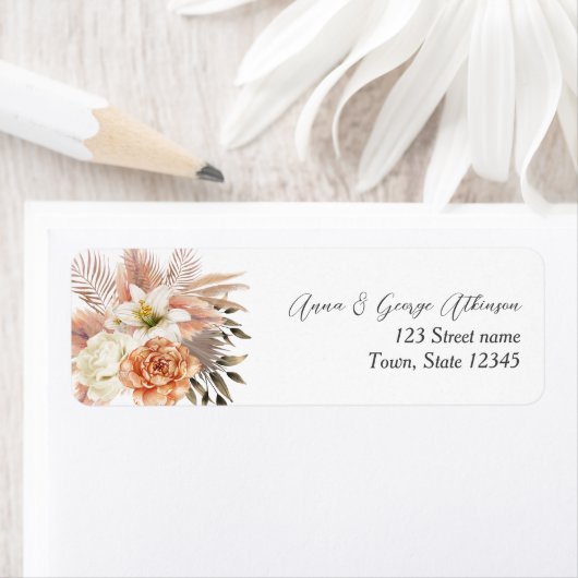 Rustic Peach Floral Wedding Retour Adres Label (Insitu)
