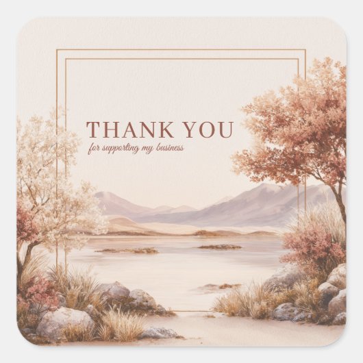 Rustic Peach Landscape Lake Gold Frame Watercolor Vierkante Sticker (Voorkant)