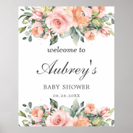 Rustic Peach roze Floral Leafy Baby shower Welkom Poster
