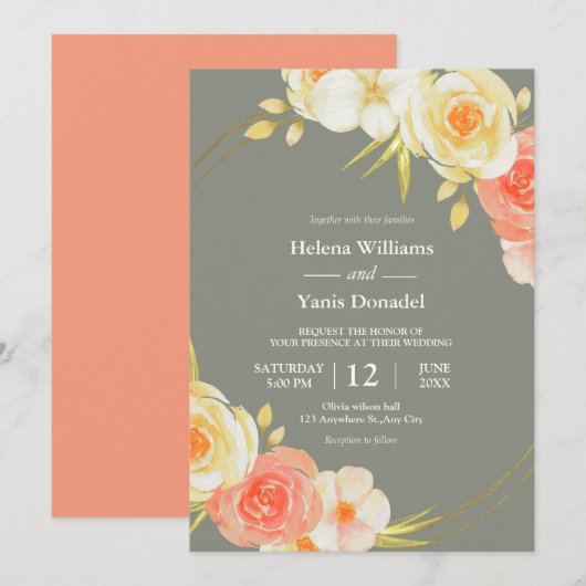 Rustic Peach Rozen & Sage Green Floral Waterverf Kaart (Voorkant / Achterkant)