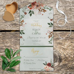 Rustic Peach Rust & Sage Green Floral No Dinner All In One Uitnodiging<br><div class="desc">OOK BESCHIKBAAR MET EEN QR-CODE OM IN HET RSVP-GEBIED OF MET DINER SELECTION-OPTIES TE SCAN. Deze prachtige perzik, roest, blozen en groene bouquetcascades boven op de kaart boven een zachte groene achtergrond van de waterverf. Het zachte perzikcentrum houdt de details vast. Prachtig, elegant en roest. Deze kaart maakt deel uit...</div>