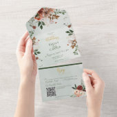 Rustic Peach Rust & Sage Green Floral QR Code All In One Uitnodiging (Afscheurbaar)