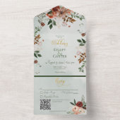 Rustic Peach Rust & Sage Green Floral QR Code All In One Uitnodiging (Binnen)