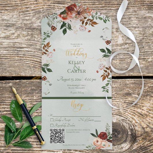 Rustic Peach Rust & Sage Green Floral QR Code All In One Uitnodiging