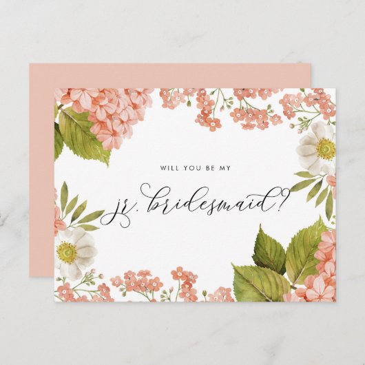 Rustic Peach Waterverf Hydrangeas Jr. Bridesmaid Briefkaart (Voorkant / Achterkant)