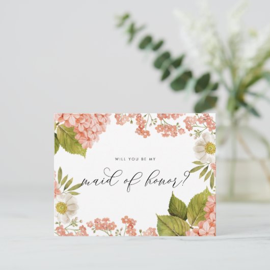 Rustic Peach Waterverf Hydrangeas Maid of Honor Briefkaart (Staand voorkant)
