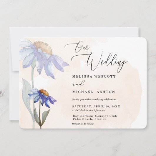 Rustic Peach Waterverf Paarse Daisy Wedding Kaart (Voorkant)