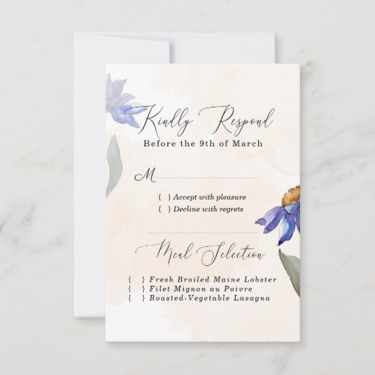 Rustic Peach Waterverf Paarse Daisy Wedding RSVP Kaartje (Voorkant)