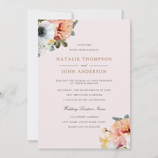 Rustic Peach White Floral Wedding Invite Kaart (Voorkant)