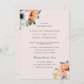 Rustic Peach White Floral Wedding Invite Kaart (Voorkant / Achterkant)