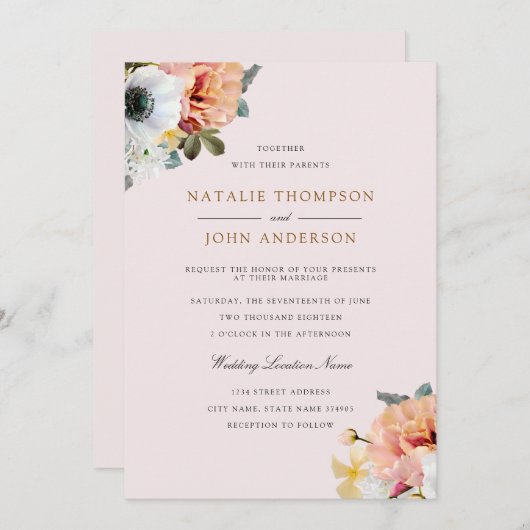  Rustic Peach White Floral Wedding Invite Kaart (Voorkant / Achterkant)