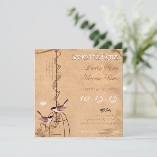 Rustic Peach Your Photo Damask Bird Wedding Save The Date (Staand voorkant)