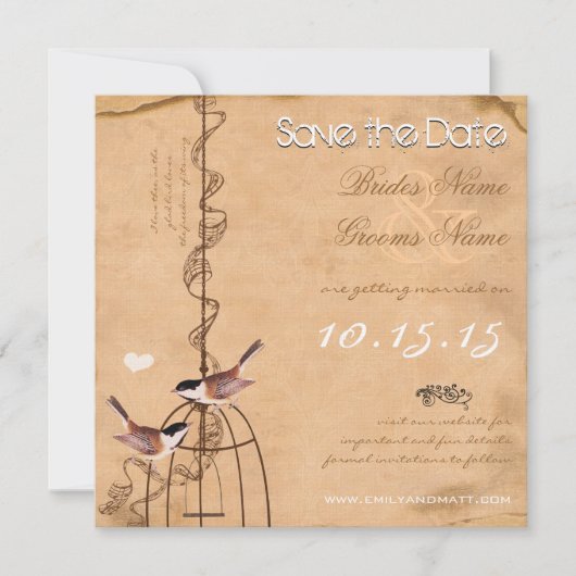 Rustic Peach Your Photo Damask Bird Wedding Save The Date (Voorkant)