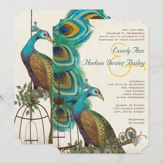 Rustic Peacock Bird Cage Feather Wedidng Invites Kaart (Voorkant / Achterkant)