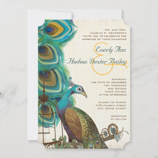 Rustic Peacock Bird Cage Feather Wedidng Invites Kaart (Voorkant)