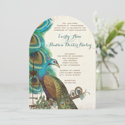 Rustic Peacock Birdcage Feather Wedding Invites Kaart (Staand voorkant)