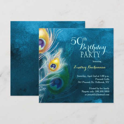 Rustic Peacock Blue 50th Birthday Party Kaart (Voorkant / Achterkant)
