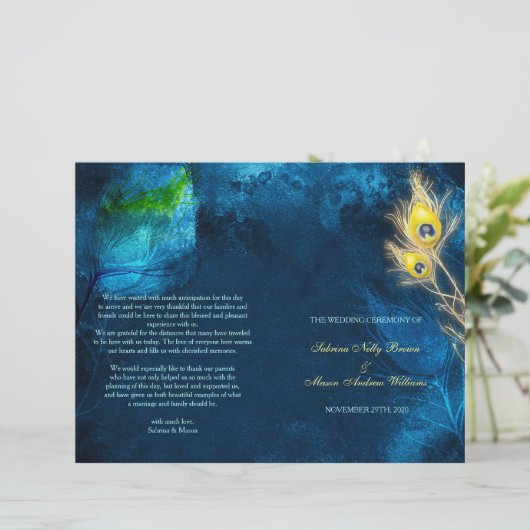 Rustic Peacock Blue Bi Fold Wedding Programs (Staand voorkant)