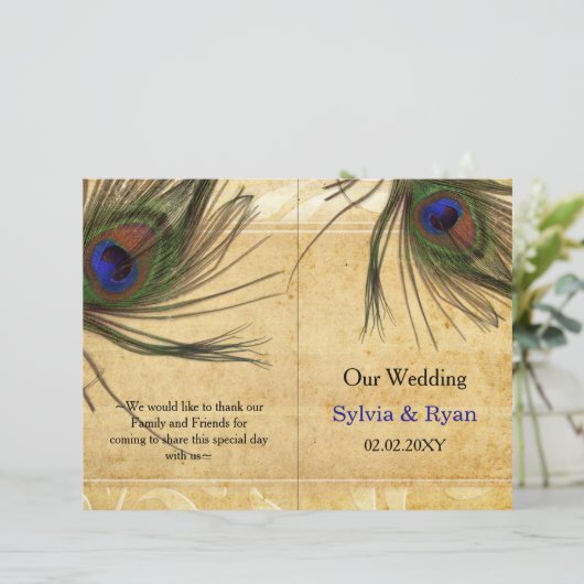 Rustic Peacock Feather bookfold Wedding programme (Staand voorkant)