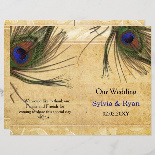 Rustic Peacock Feather bookfold Wedding programme (Voorkant / Achterkant)