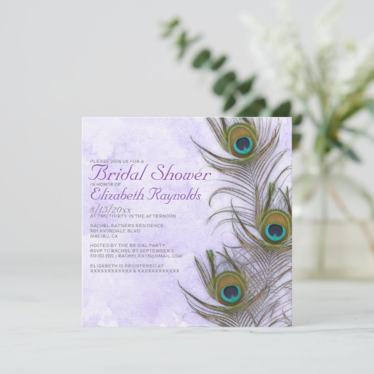 Rustic Peacock Feather Bridal Shower Invitations Kaart (Staand voorkant)