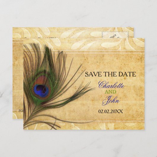 Rustic Peacock Feather bruiloft behalve de datum Aankondigingskaart (Voorkant / Achterkant)