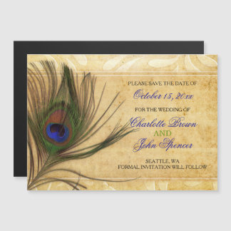 Rustic Peacock Feather bruiloft behalve de datum Magnetische Uitnodiging
