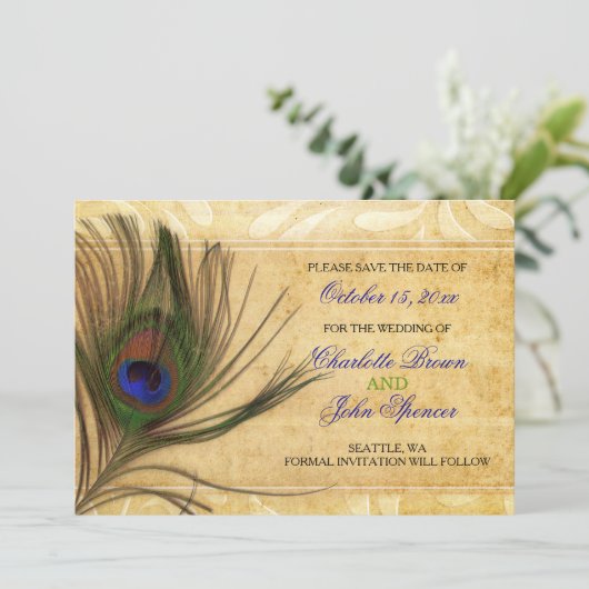 Rustic Peacock Feather bruiloft behalve de datum Save The Date (Staand voorkant)