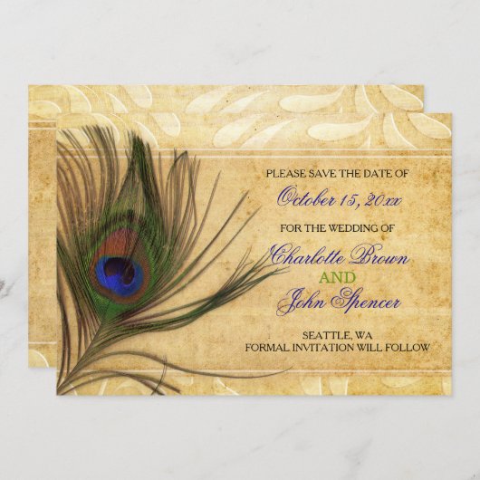 Rustic Peacock Feather bruiloft behalve de datum Save The Date (Voorkant / Achterkant)
